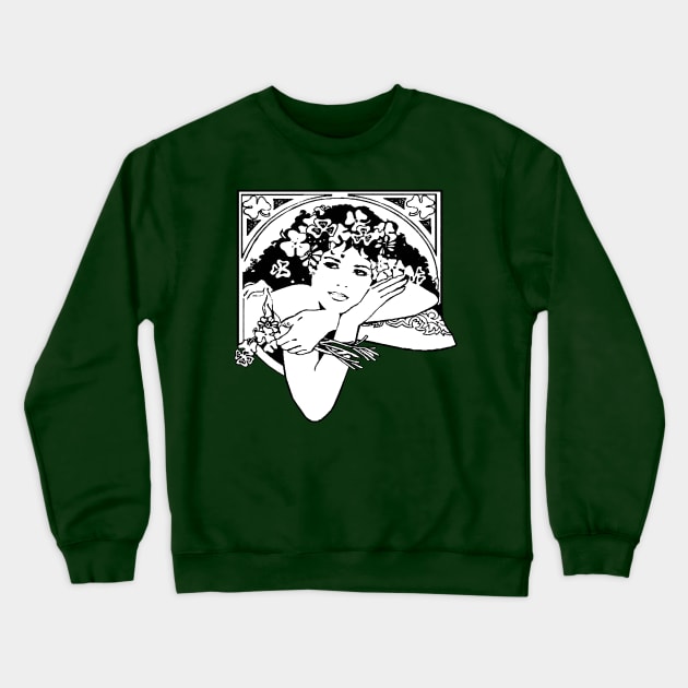 Line Drawing of Irish Woman Holding Shamrocks Crewneck Sweatshirt by taiche